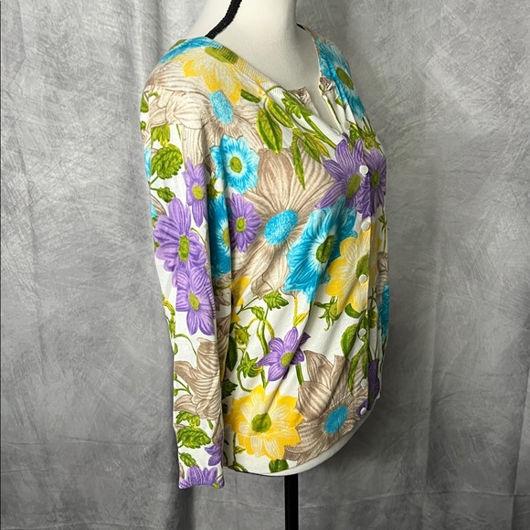 Talbots NWT Blue, Purple, Yellow, Green & Cream Floral 3/4 Sleeve Cardigan - LP - Picture 3 of 10
